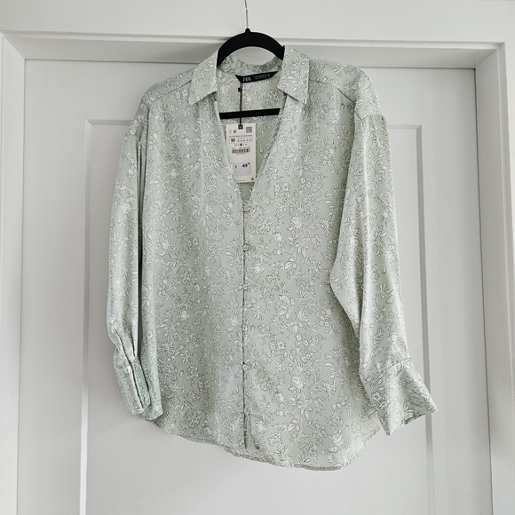 Zara Tops - Zara Mint Green Floral Blouse